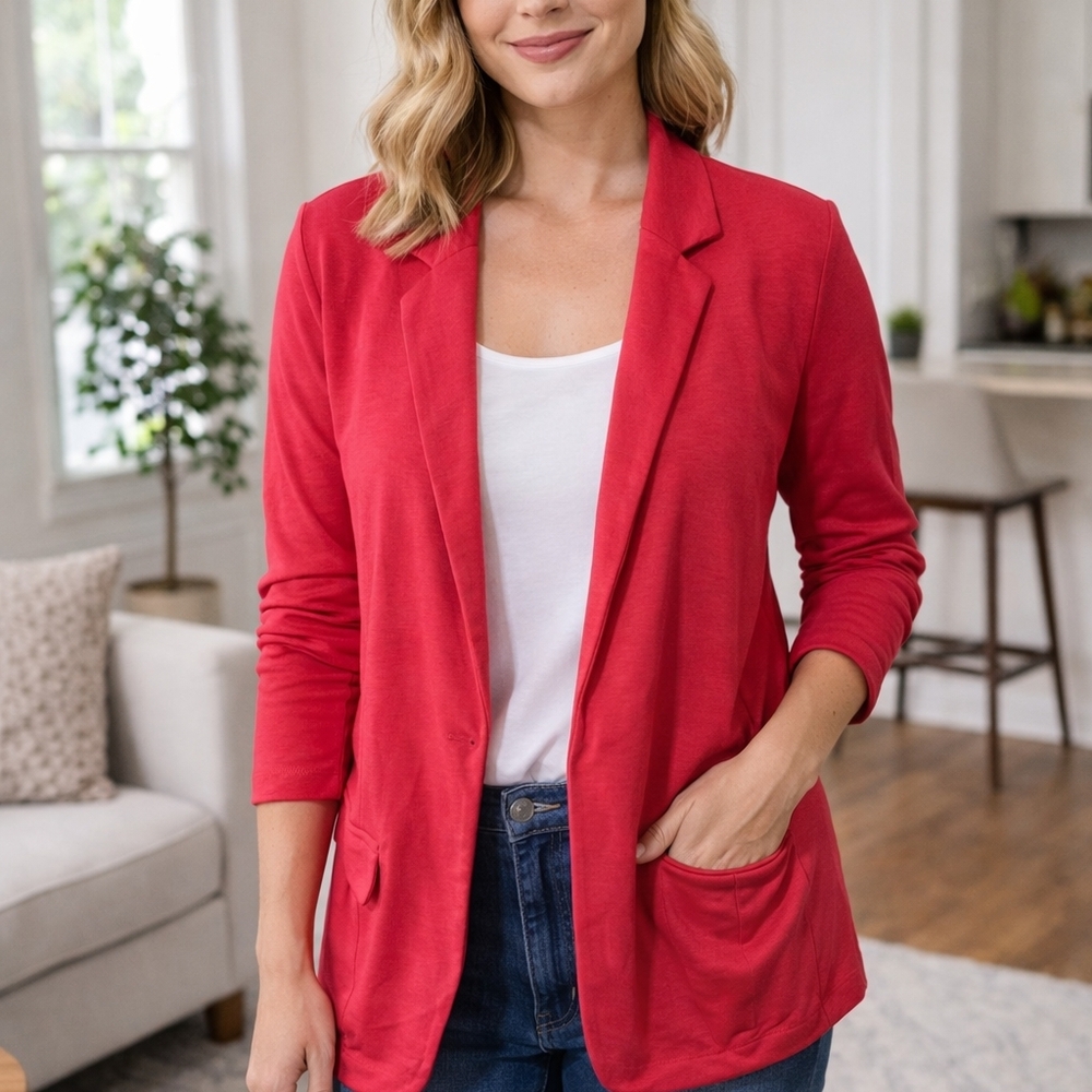 Magaschoni Womens Red Knit Blazer Jacket Size L Rayon Spandex‎ RN 93178
